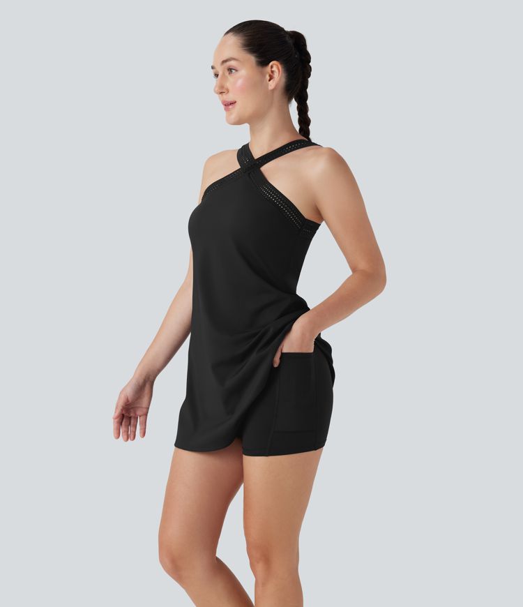 Softlyzero™ Airy Halter Cut Out Backless 2-in-1  Mini Yoga Active Dress with Side Pockets-Easy Peezy Edition-UPF50+