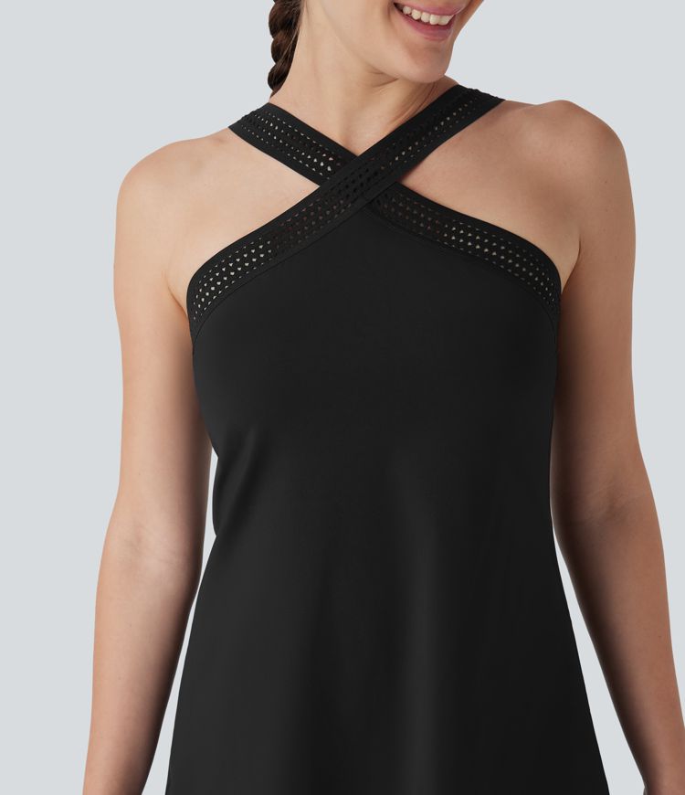 Softlyzero™ Airy Halter Cut Out Backless 2-in-1  Mini Yoga Active Dress with Side Pockets-Easy Peezy Edition-UPF50+