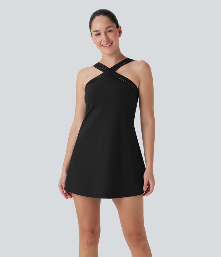 Softlyzero™ Airy Halter Cut Out Backless 2-in-1  Mini Yoga Active Dress with Side Pockets-Easy Peezy Edition-UPF50+