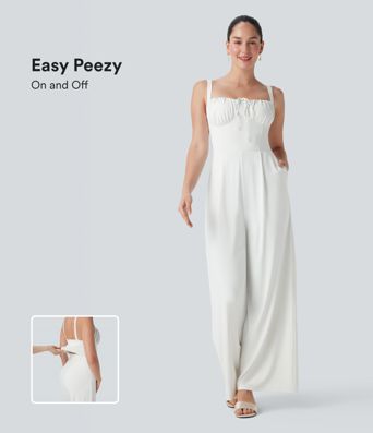 Mono de dama de honor e invitada de boda con cuello cuadrado, cordón ajustable y espalda descubierta con bolsillos laterales - Edición Easy Peezy