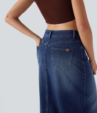 Halara Flex™ Jupe en Jean longue décontractée extensible délavé taille moyenne avec fente et multiples poches