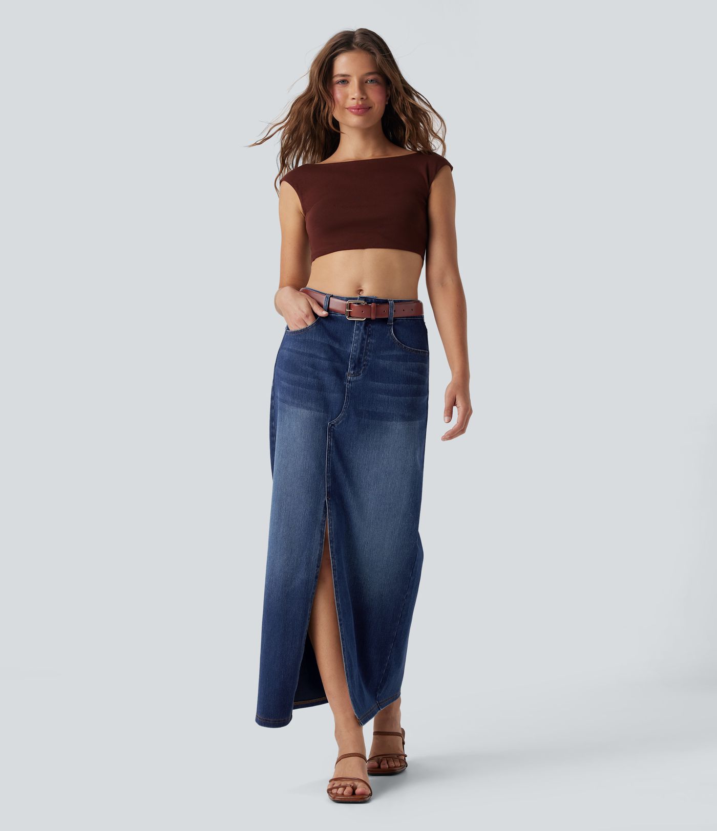 Halara Flex™ Jupe en Jean longue décontractée extensible délavé taille moyenne avec fente et multiples poches