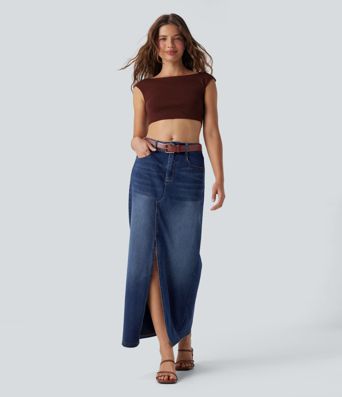 Halara Flex™ Jupe en Jean longue décontractée extensible délavé taille moyenne avec fente et multiples poches
