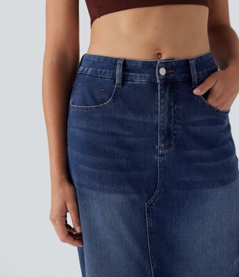 Halara Flex™ Jupe en Jean longue décontractée extensible délavé taille moyenne avec fente et multiples poches