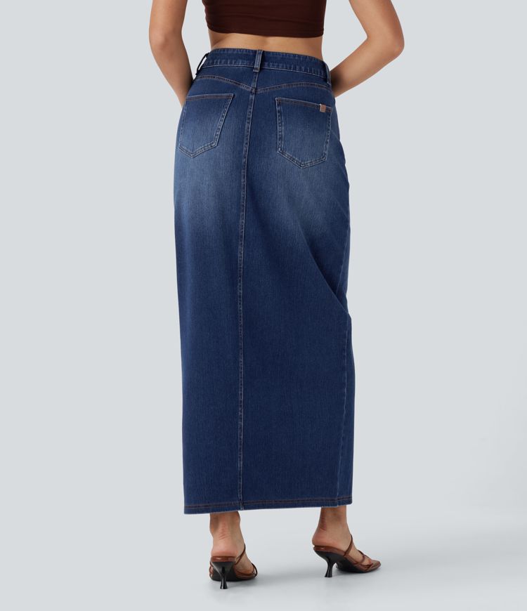 Halara Flex™ Jupe en Jean longue décontractée extensible délavé taille moyenne avec fente et multiples poches