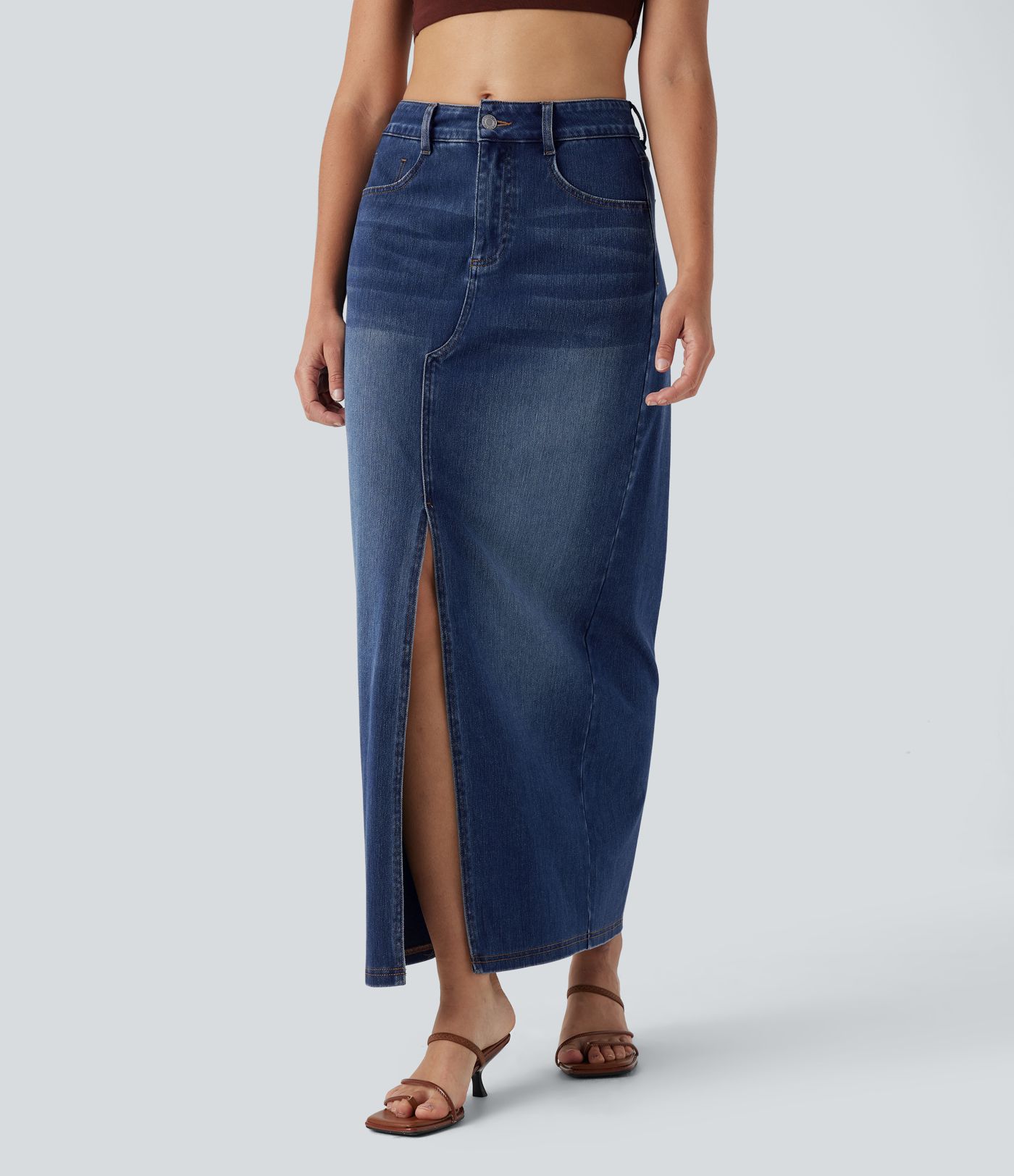 Halara Flex™ Jupe en Jean longue décontractée extensible délavé taille moyenne avec fente et multiples poches