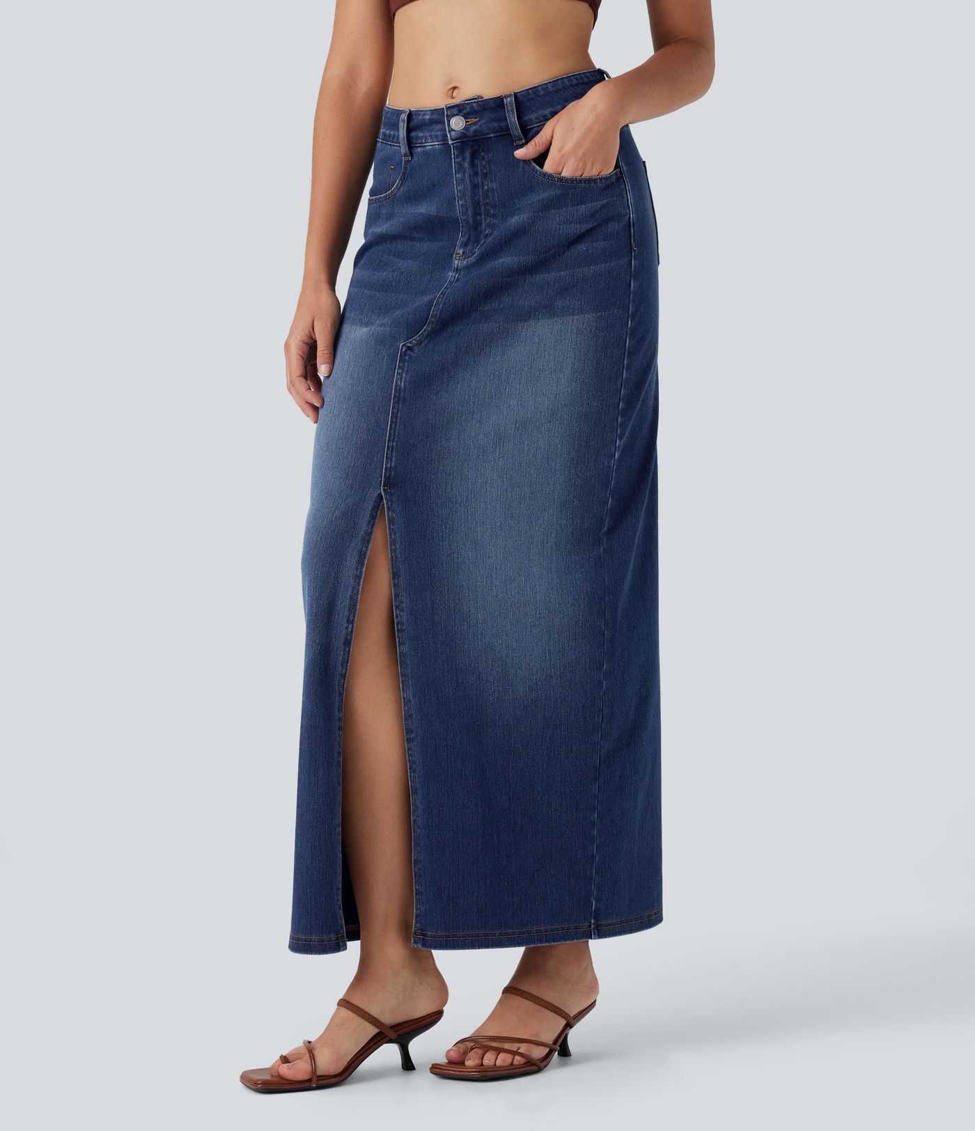 Halara Flex™ Jupe en Jean longue décontractée extensible délavé taille moyenne avec fente et multiples poches