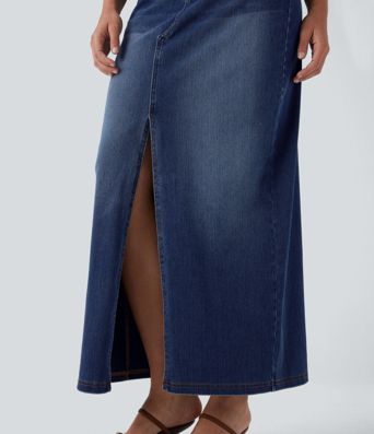 Halara Flex™ Jupe en Jean longue décontractée extensible délavé taille moyenne avec fente et multiples poches