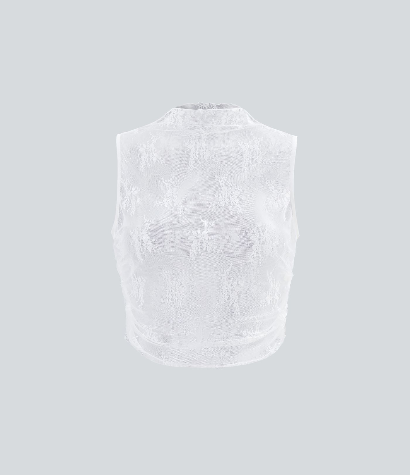 Top casual corto fruncido sin mangas con cuello alto y encaje transparente