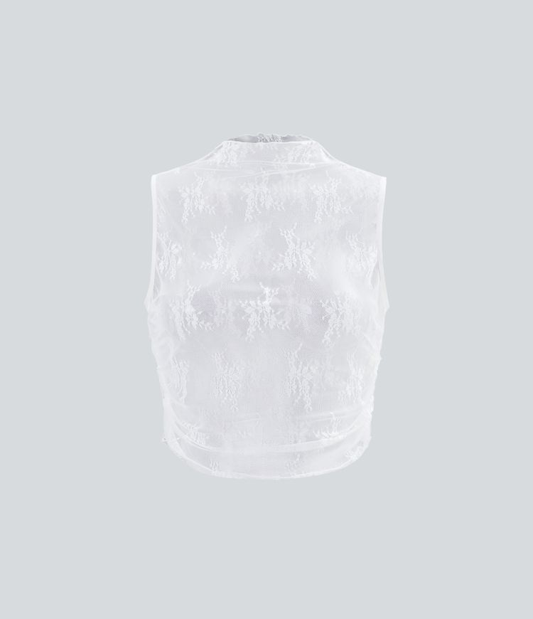 Top casual corto fruncido sin mangas con cuello alto y encaje transparente