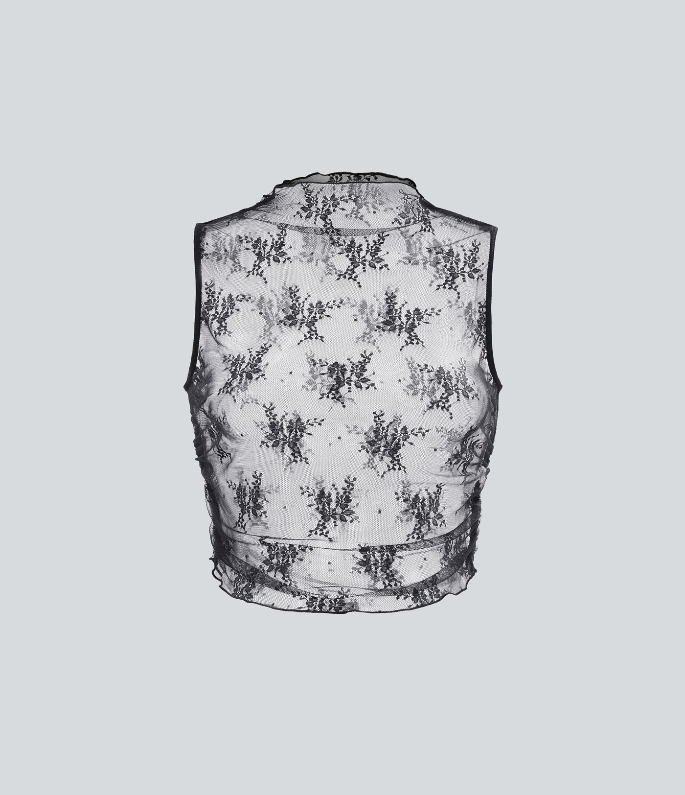 Mock Neck Sleeveless Ruched Cropped Sheer Lace Casual Top