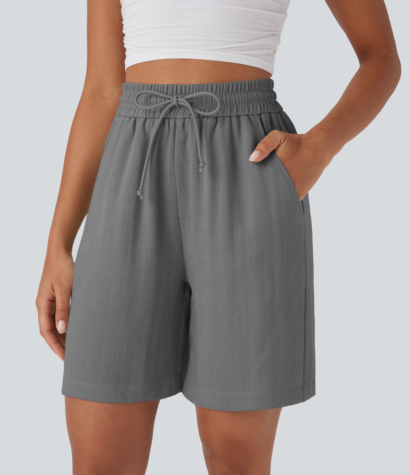 High Waisted Drawstring Casual Linen-Feel Shorts with Side Pockets