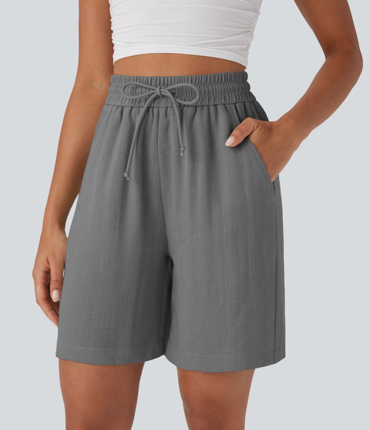High Waisted Drawstring Casual Linen-Feel Shorts with Side Pockets