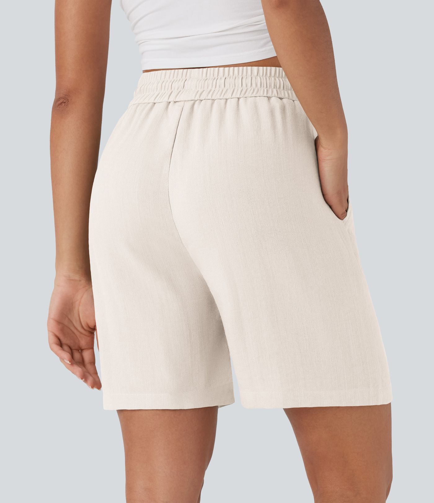 High Waisted Drawstring Casual Linen-Feel Shorts with Side Pockets