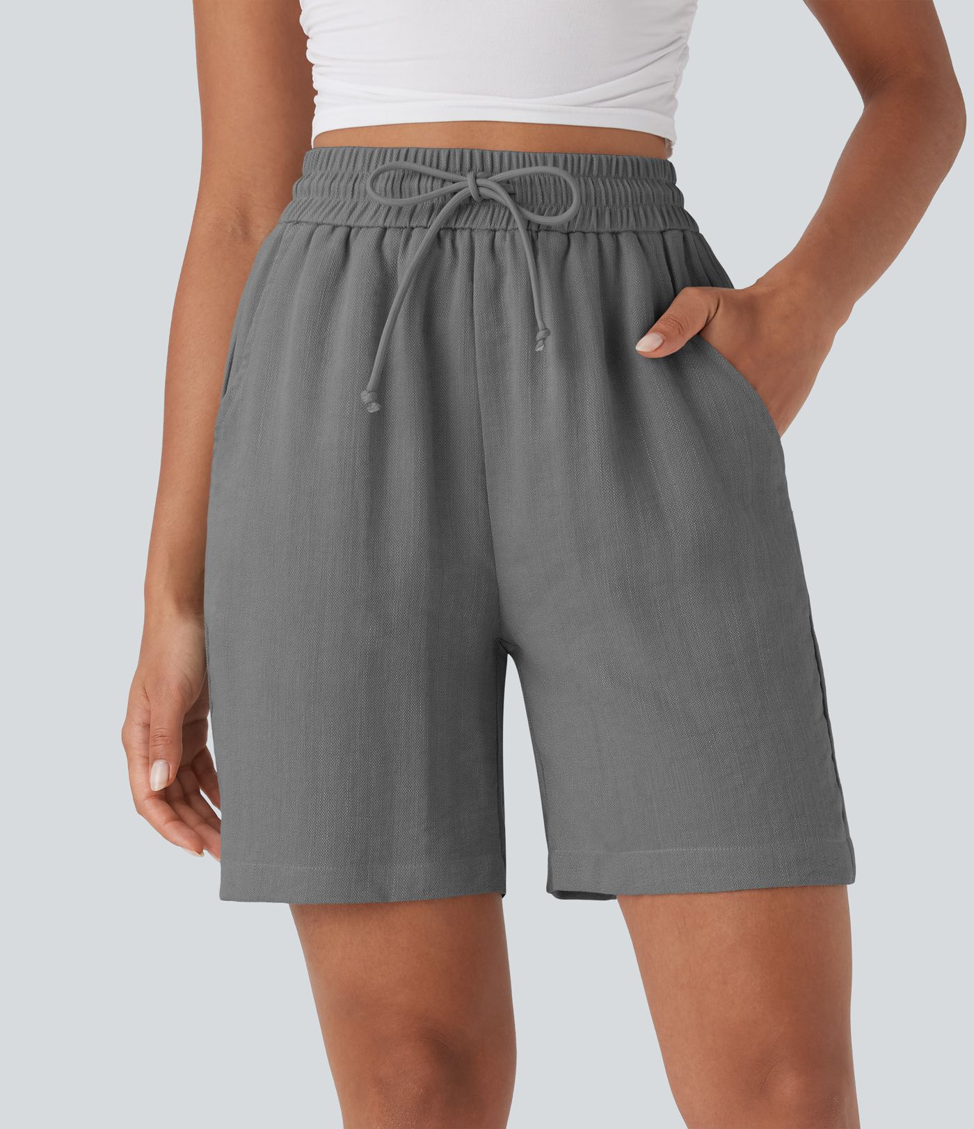 High Waisted Drawstring Casual Linen-Feel Shorts with Side Pockets