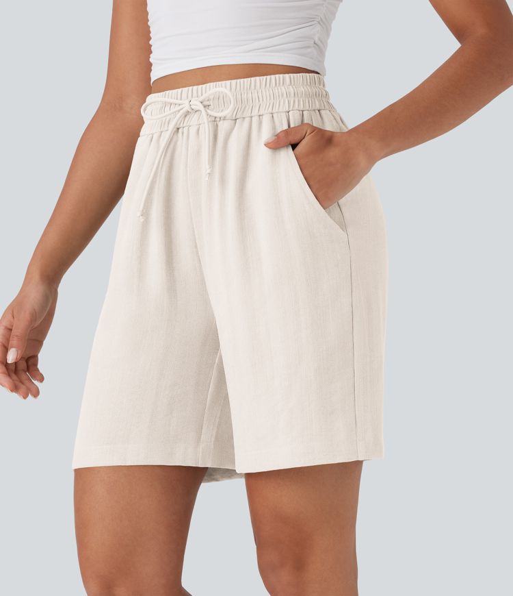 High Waisted Drawstring Casual Linen-Feel Shorts with Side Pockets