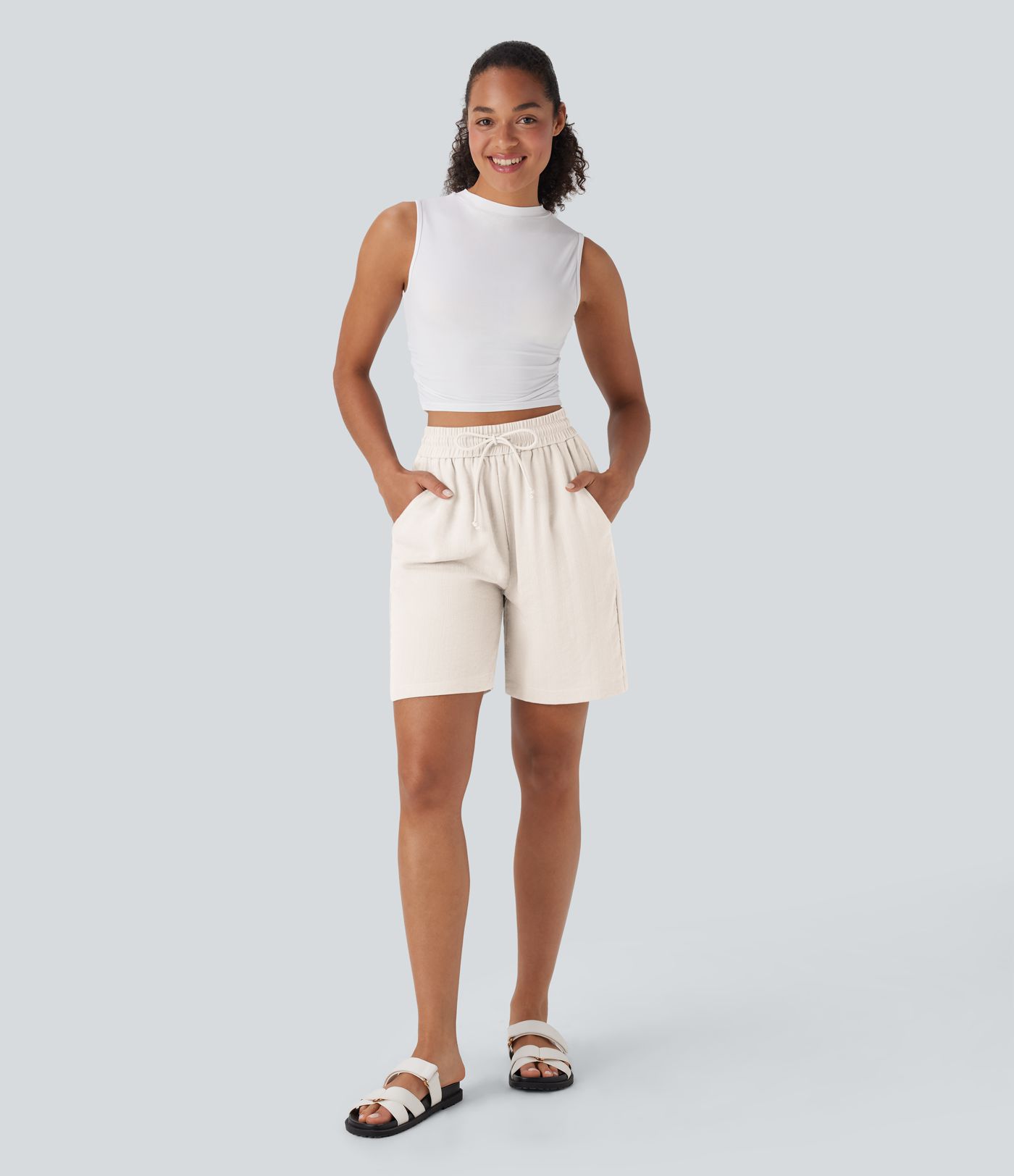 High Waisted Drawstring Casual Linen-Feel Shorts with Side Pockets