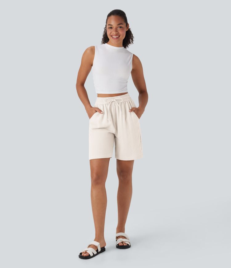 High Waisted Drawstring Casual Linen-Feel Shorts with Side Pockets