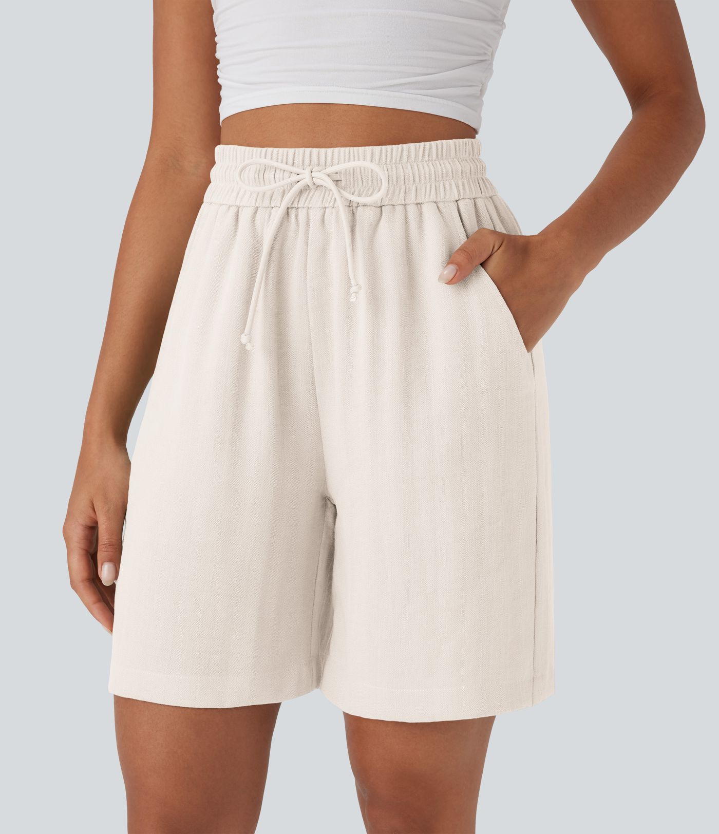 High Waisted Drawstring Casual Linen-Feel Shorts with Side Pockets