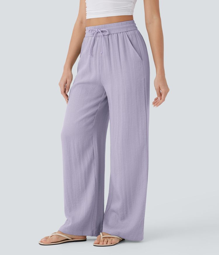 High Waisted Drawstring Side Pocket Wide Leg Casual Linen-Feel Trousers