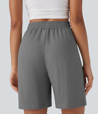 High Waisted Drawstring Casual Linen-Feel Shorts with Side Pockets