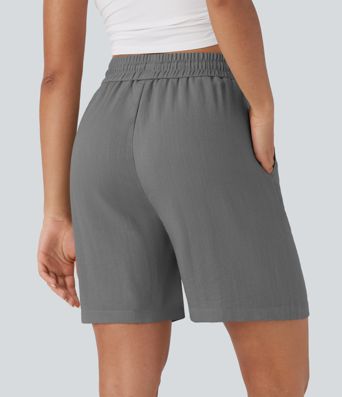High Waisted Drawstring Casual Linen-Feel Shorts with Side Pockets