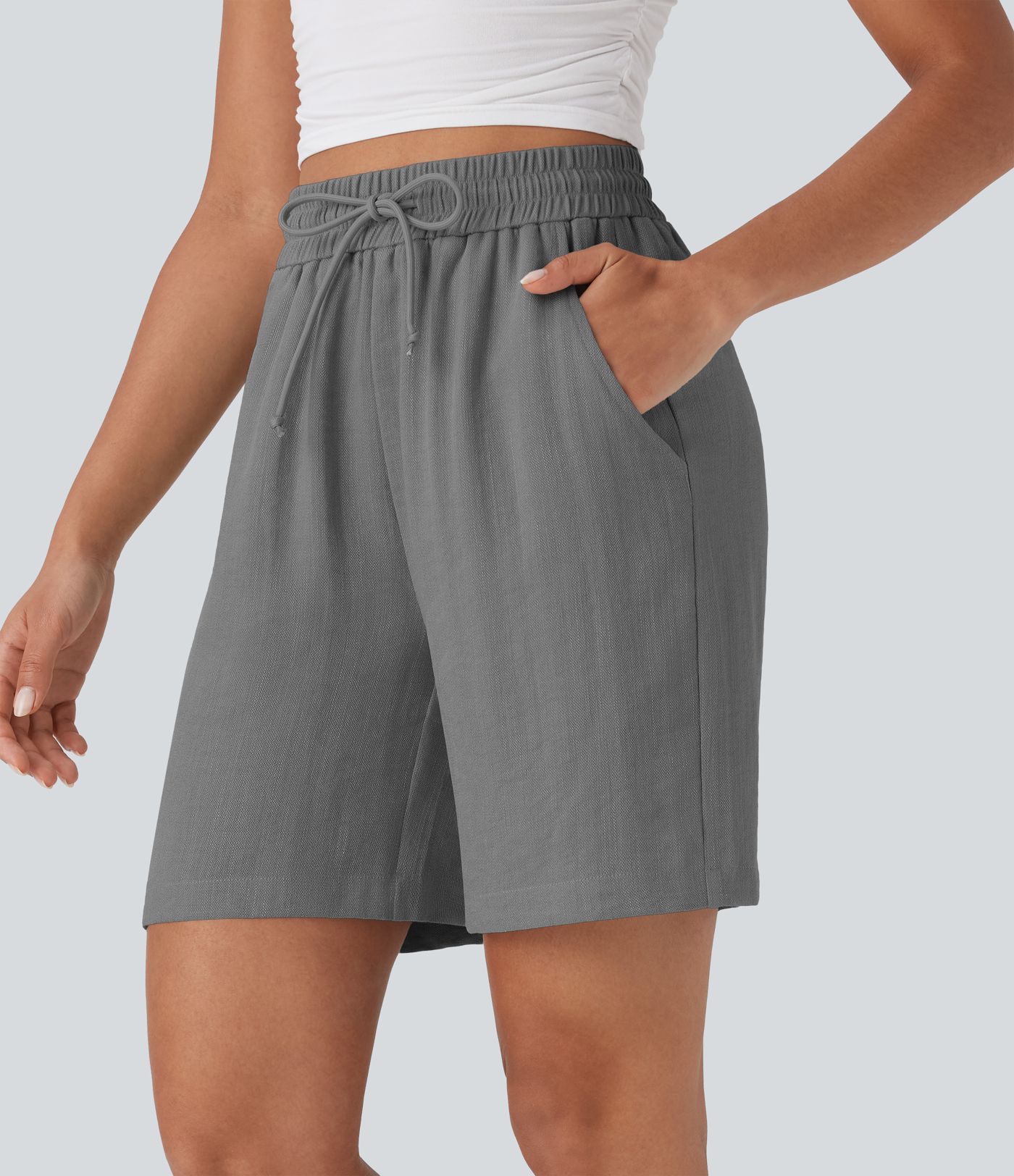 High Waisted Drawstring Casual Linen-Feel Shorts with Side Pockets