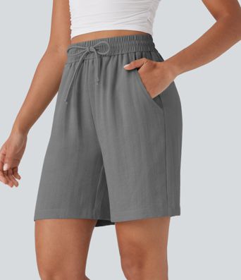 High Waisted Drawstring Casual Linen-Feel Shorts with Side Pockets