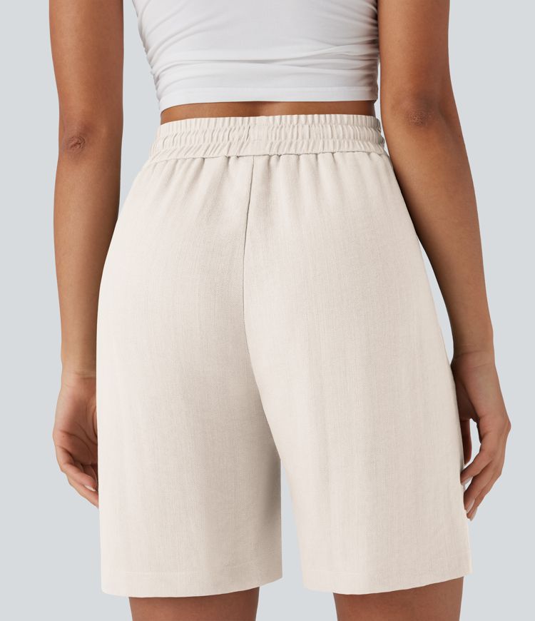High Waisted Drawstring Casual Linen-Feel Shorts with Side Pockets