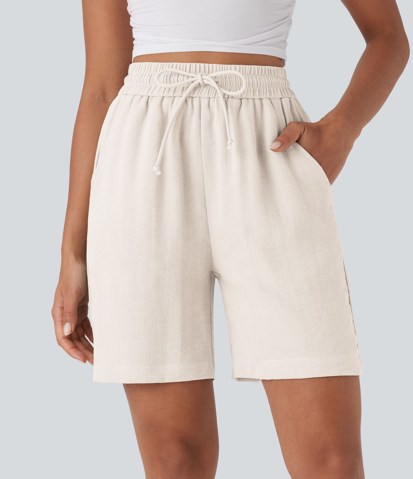 High Waisted Drawstring Casual Linen-Feel Shorts with Side Pockets