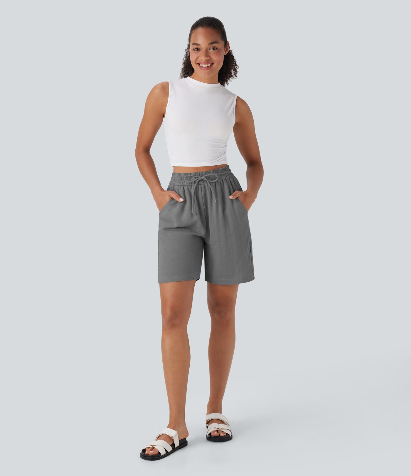 High Waisted Drawstring Casual Linen-Feel Shorts with Side Pockets