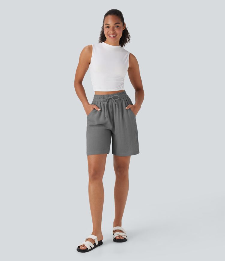 High Waisted Drawstring Casual Linen-Feel Shorts with Side Pockets