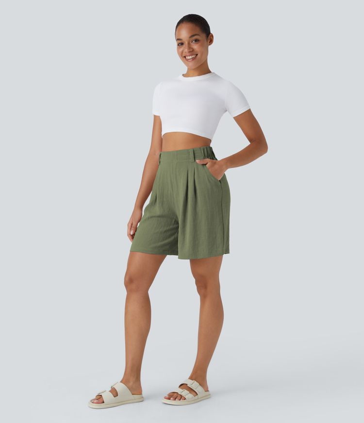 High Waisted Pocket Wide Leg Casual Linen-Feel Bermuda Shorts