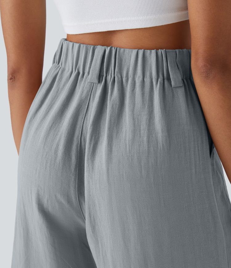 High Waisted Pocket Wide Leg Casual Linen-Feel Bermuda Shorts