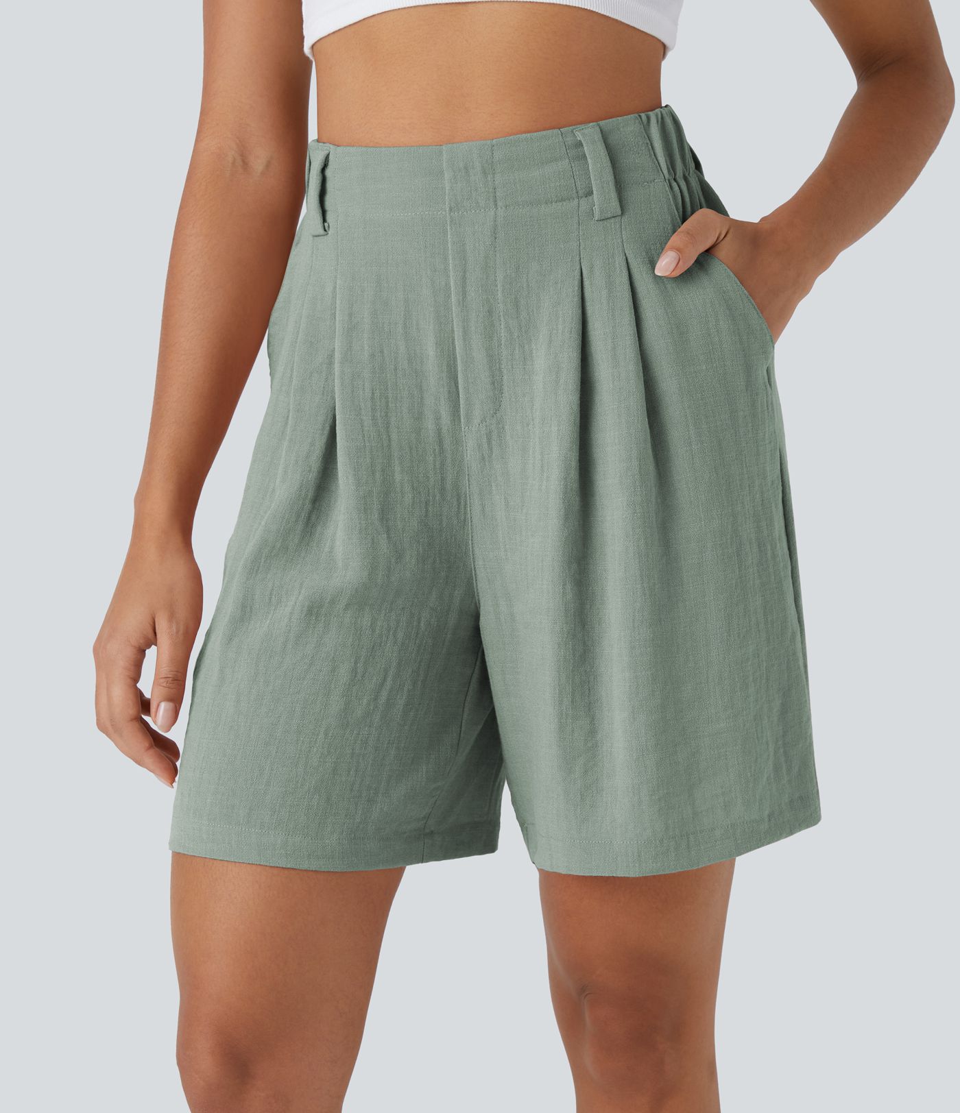 High Waisted Pocket Wide Leg Casual Linen-Feel Bermuda Shorts