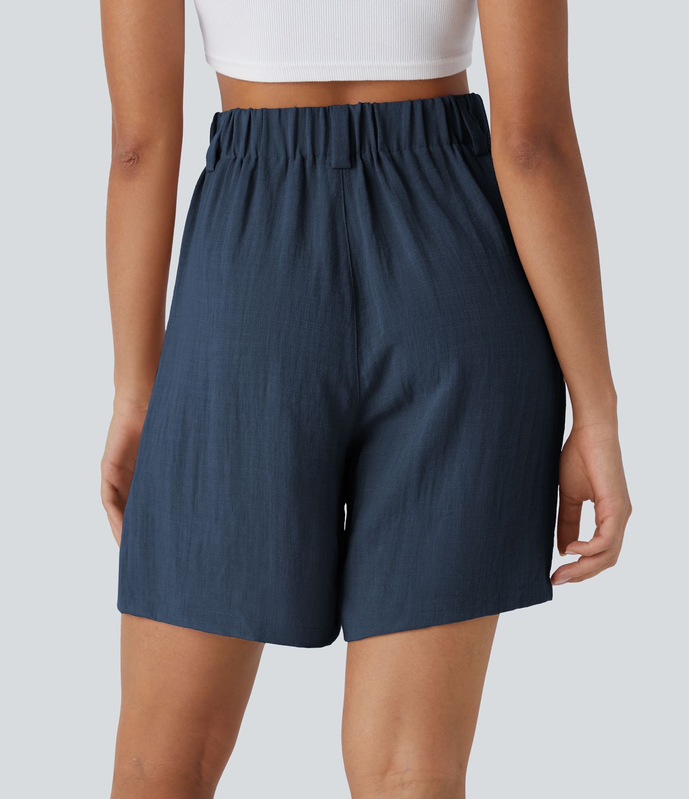 High Waisted Pocket Wide Leg Casual Linen-Feel Bermuda Shorts