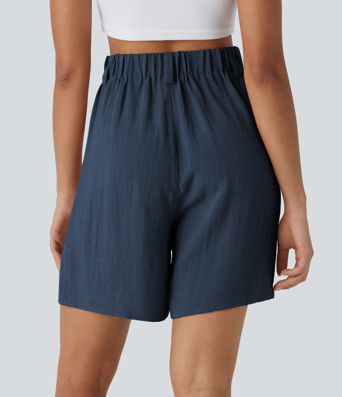 High Waisted Pocket Wide Leg Casual Linen-Feel Bermuda Shorts