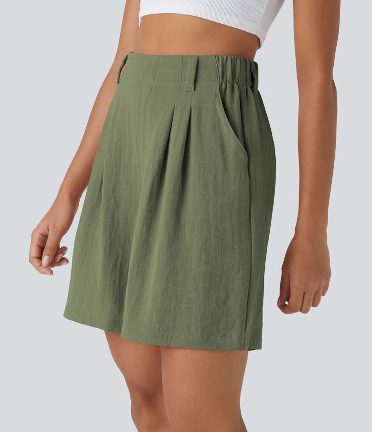 High Waisted Pocket Wide Leg Casual Linen-Feel Bermuda Shorts