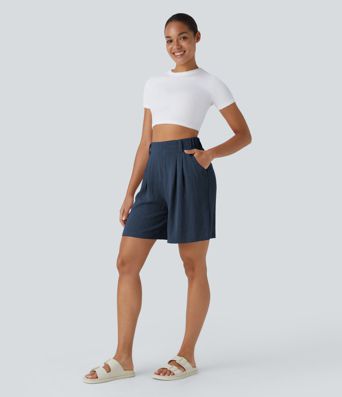 High Waisted Pocket Wide Leg Casual Linen-Feel Bermuda Shorts