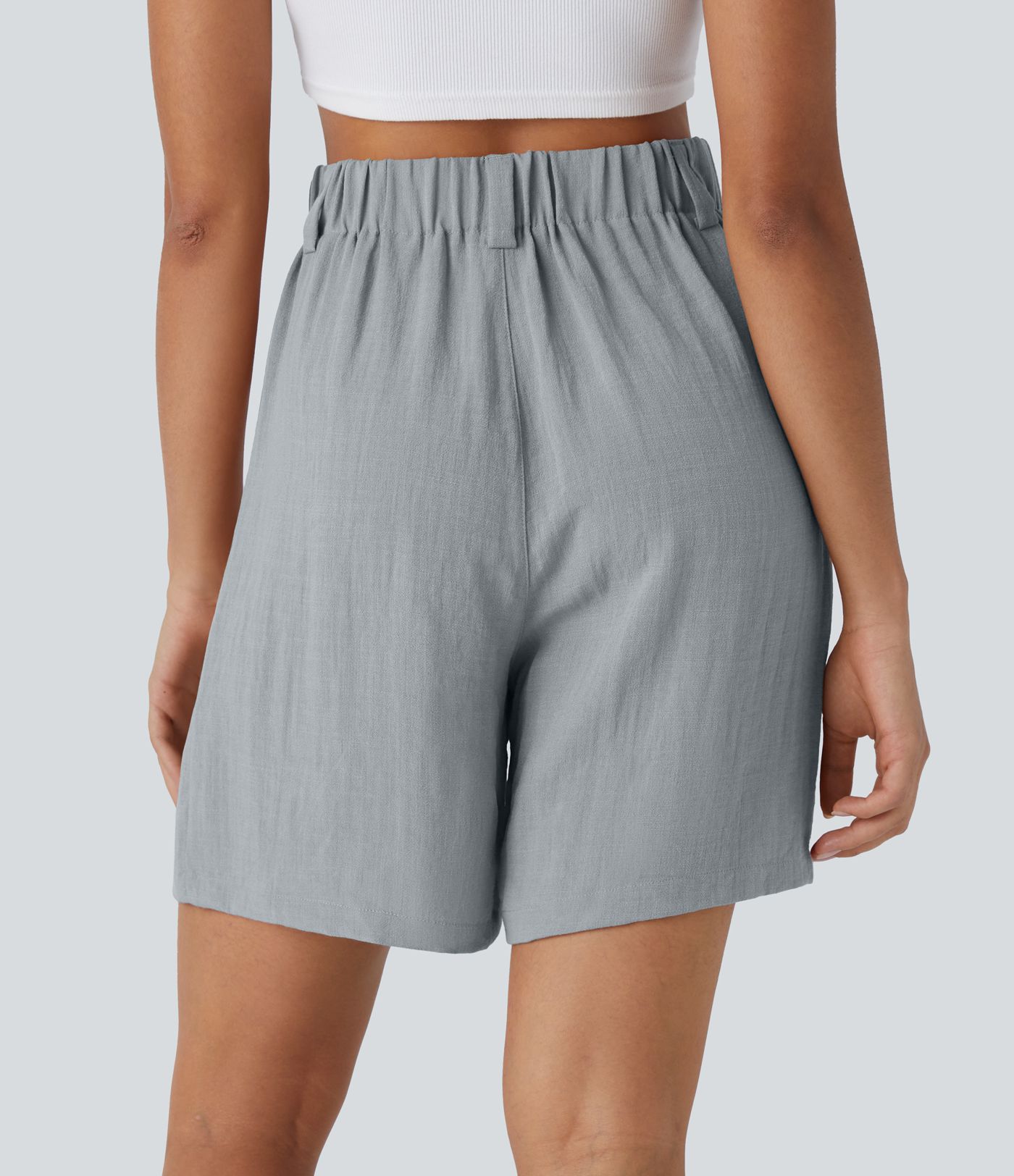 High Waisted Pocket Wide Leg Casual Linen-Feel Bermuda Shorts