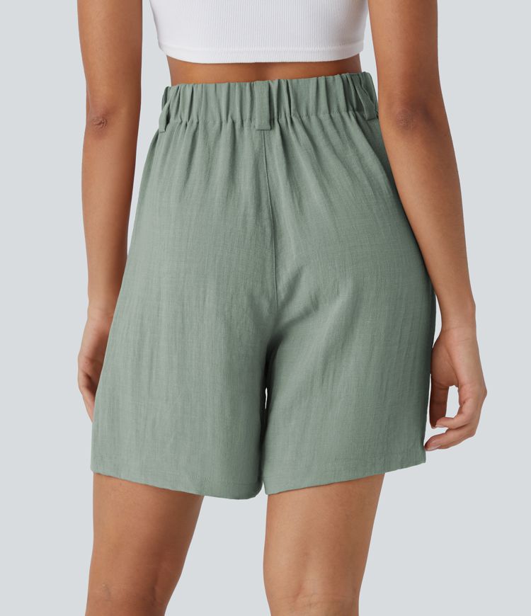 High Waisted Pocket Wide Leg Casual Linen-Feel Bermuda Shorts