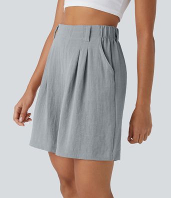 High Waisted Pocket Wide Leg Casual Linen-Feel Bermuda Shorts