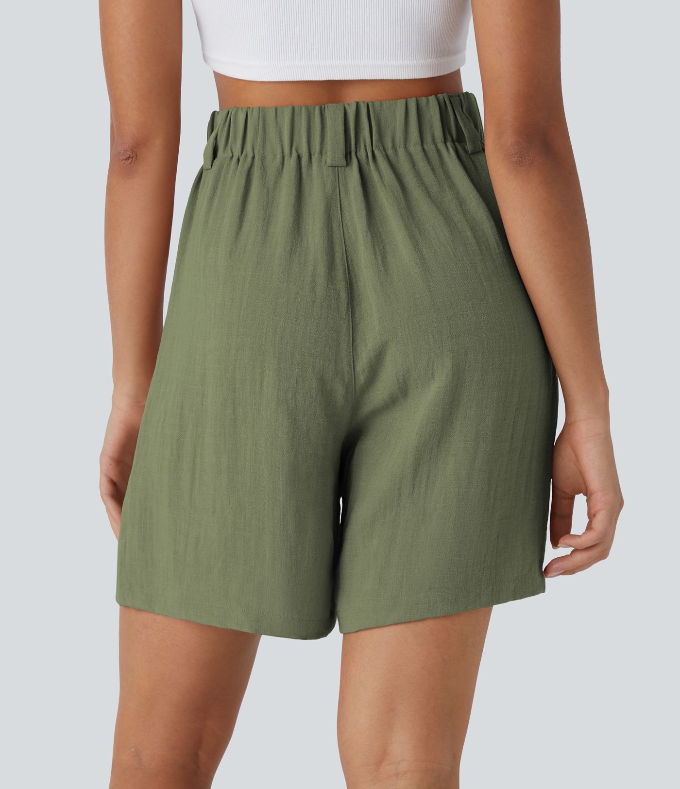 High Waisted Pocket Wide Leg Casual Linen-Feel Bermuda Shorts