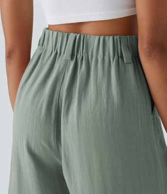 High Waisted Pocket Wide Leg Casual Linen-Feel Bermuda Shorts