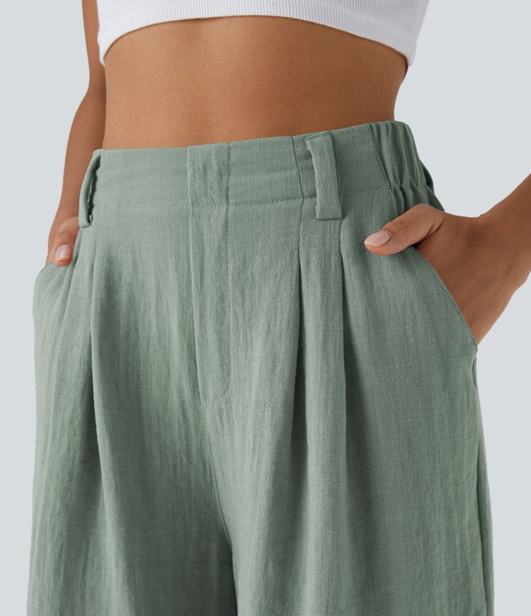 High Waisted Pocket Wide Leg Casual Linen-Feel Bermuda Shorts