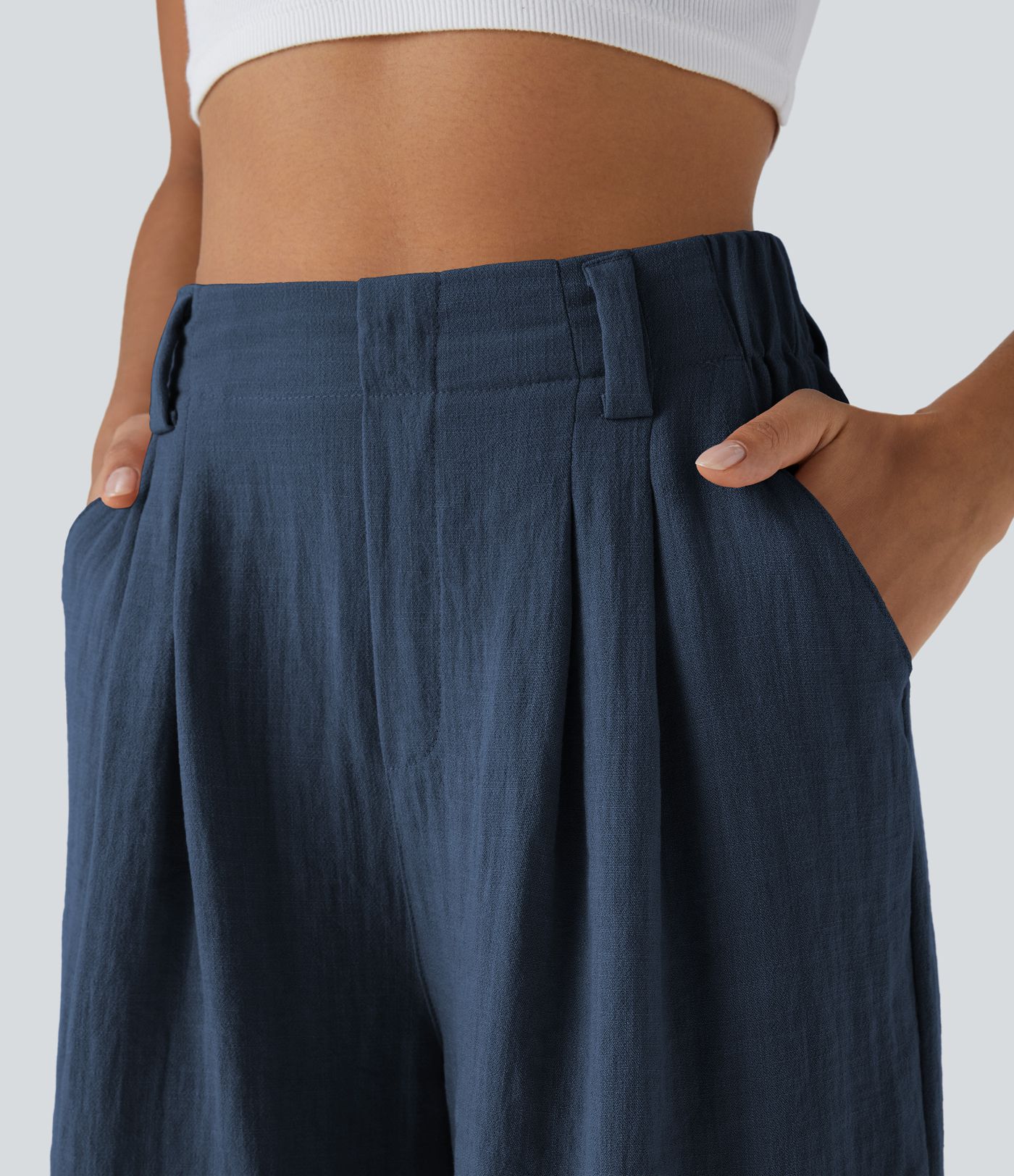 High Waisted Pocket Wide Leg Casual Linen-Feel Bermuda Shorts