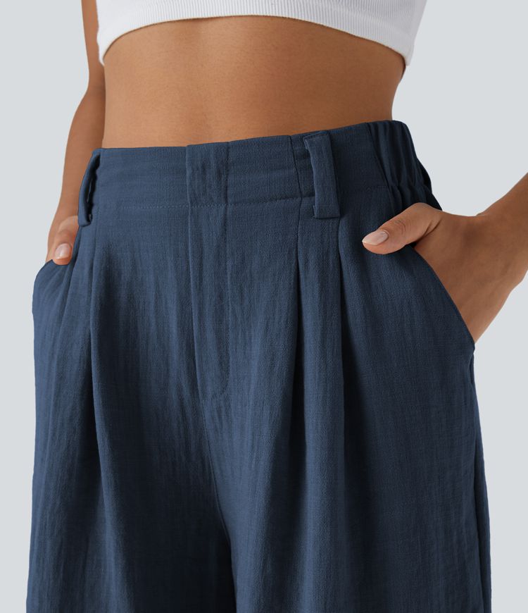 High Waisted Pocket Wide Leg Casual Linen-Feel Bermuda Shorts