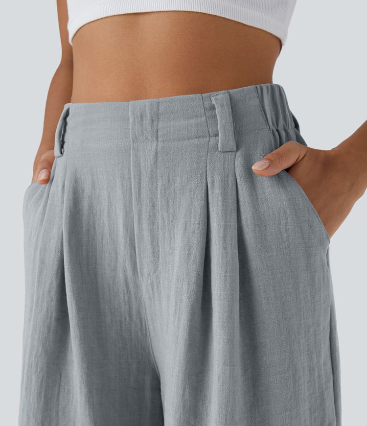 High Waisted Pocket Wide Leg Casual Linen-Feel Bermuda Shorts