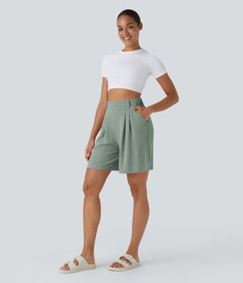 High Waisted Pocket Wide Leg Casual Linen-Feel Bermuda Shorts