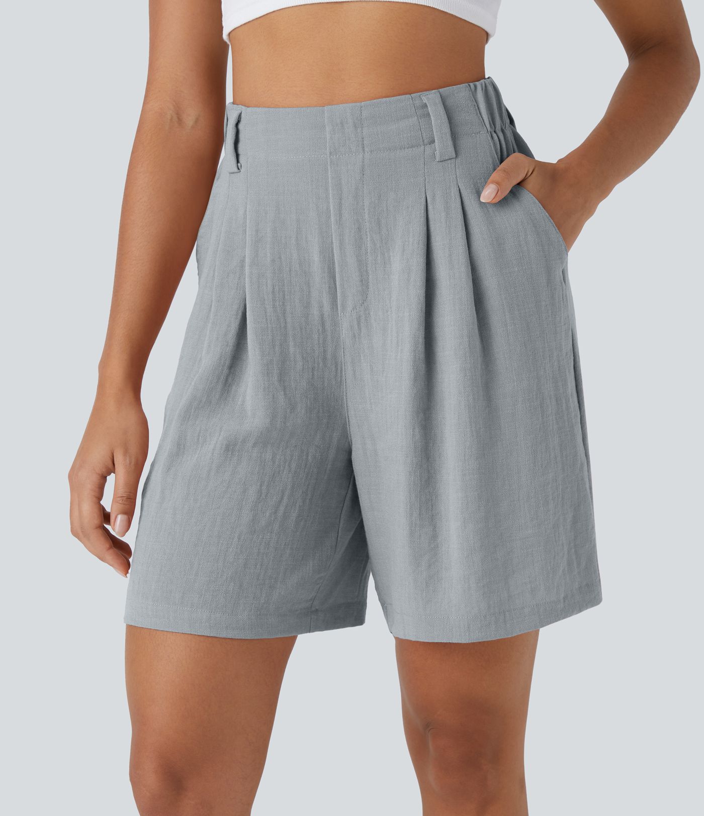 High Waisted Pocket Wide Leg Casual Linen-Feel Bermuda Shorts